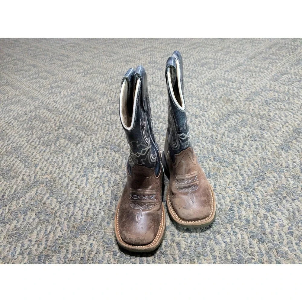 Old West BSC1914 Kids Western Boots Brown Navy Blue Leather Square Toe Size 9D